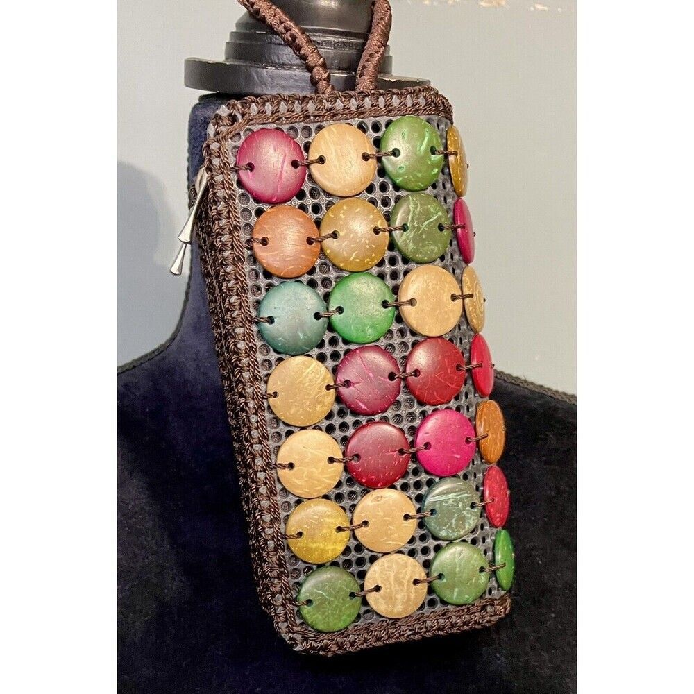 Crochet Multicolor Wooden Women’s Wallet Wristlet Barrel Shaped Zip Structured